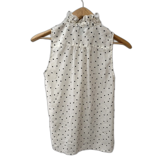 J. Crew Ivory Black Dots Silky Ruffleneck Sleeveless Button Front Blouse Size 0 - Picture 2 of 9